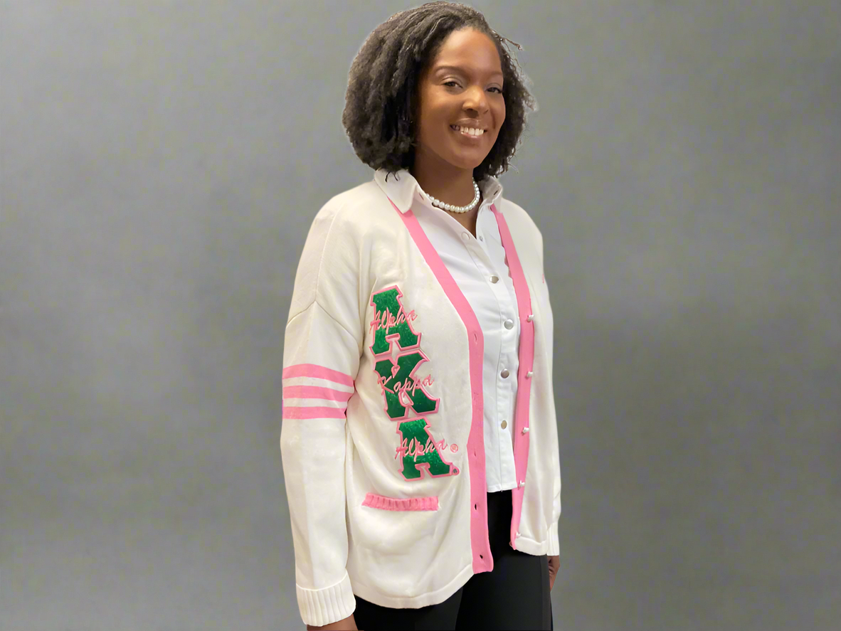 Pink and top white cardigan