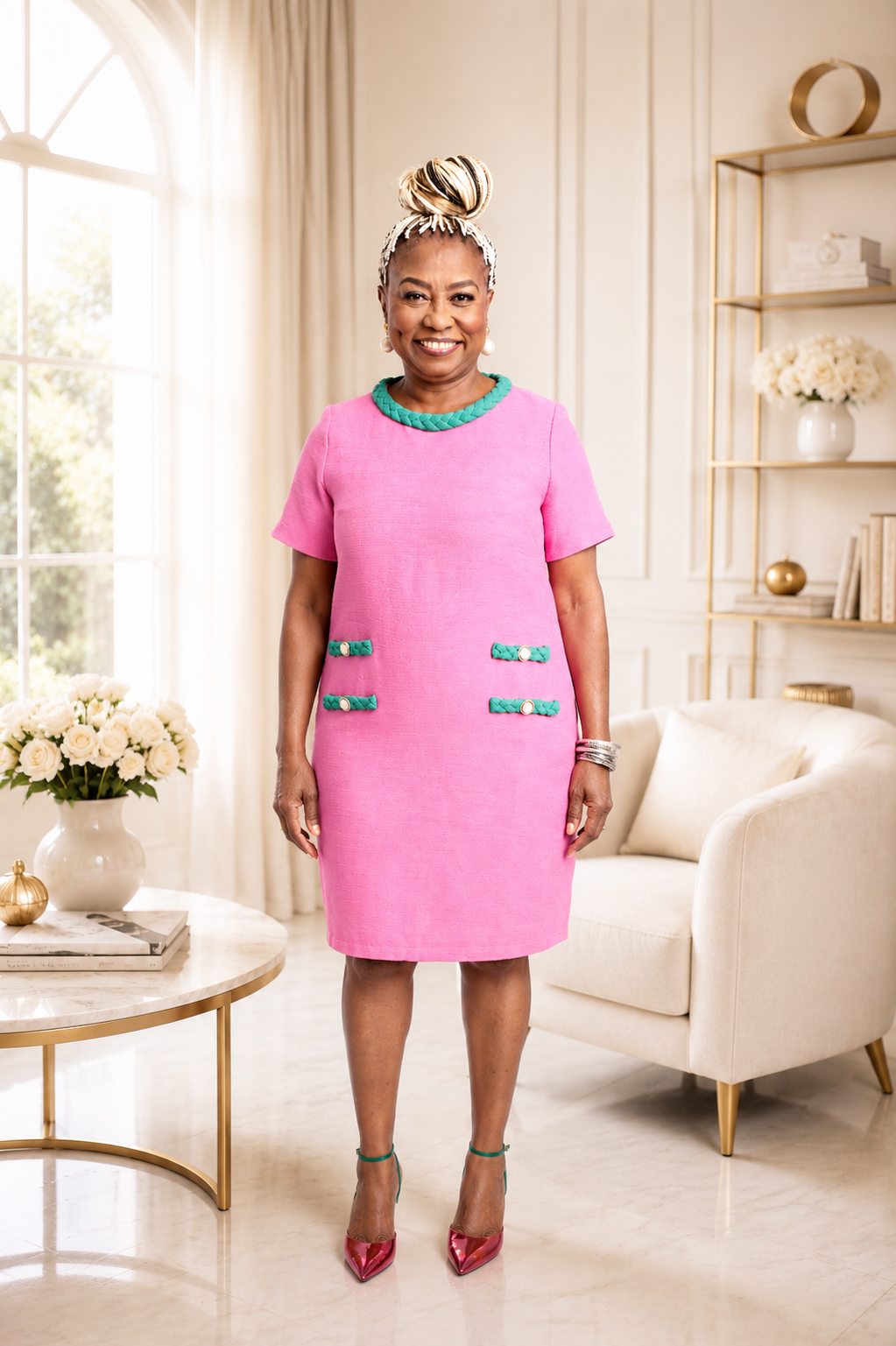 Classic Pink Tweed Shift Dress
