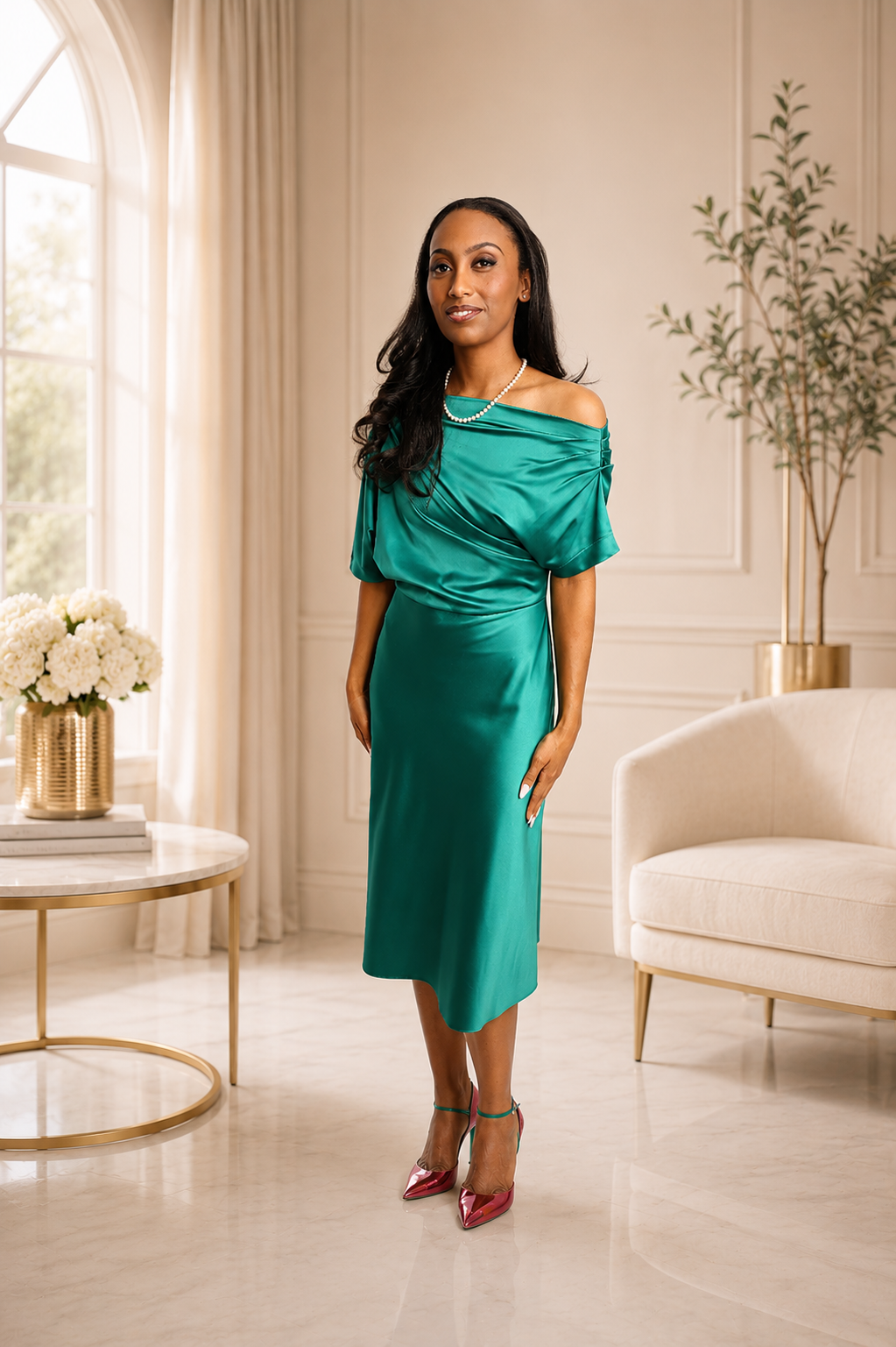 Luxury Satin Off-the-Shoulder Dress