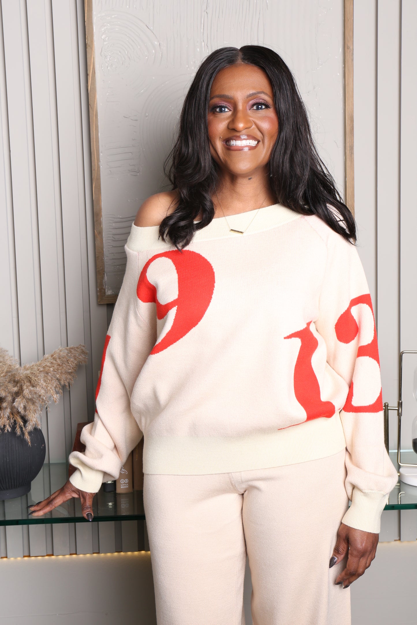 1913 Cream & Crimson Off Shoulder Sweater