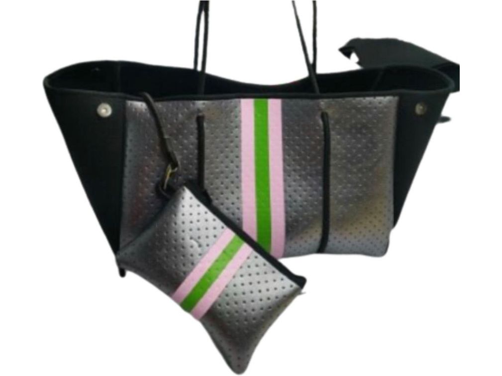Neoprene Camo Tote Pink and Green Stripe