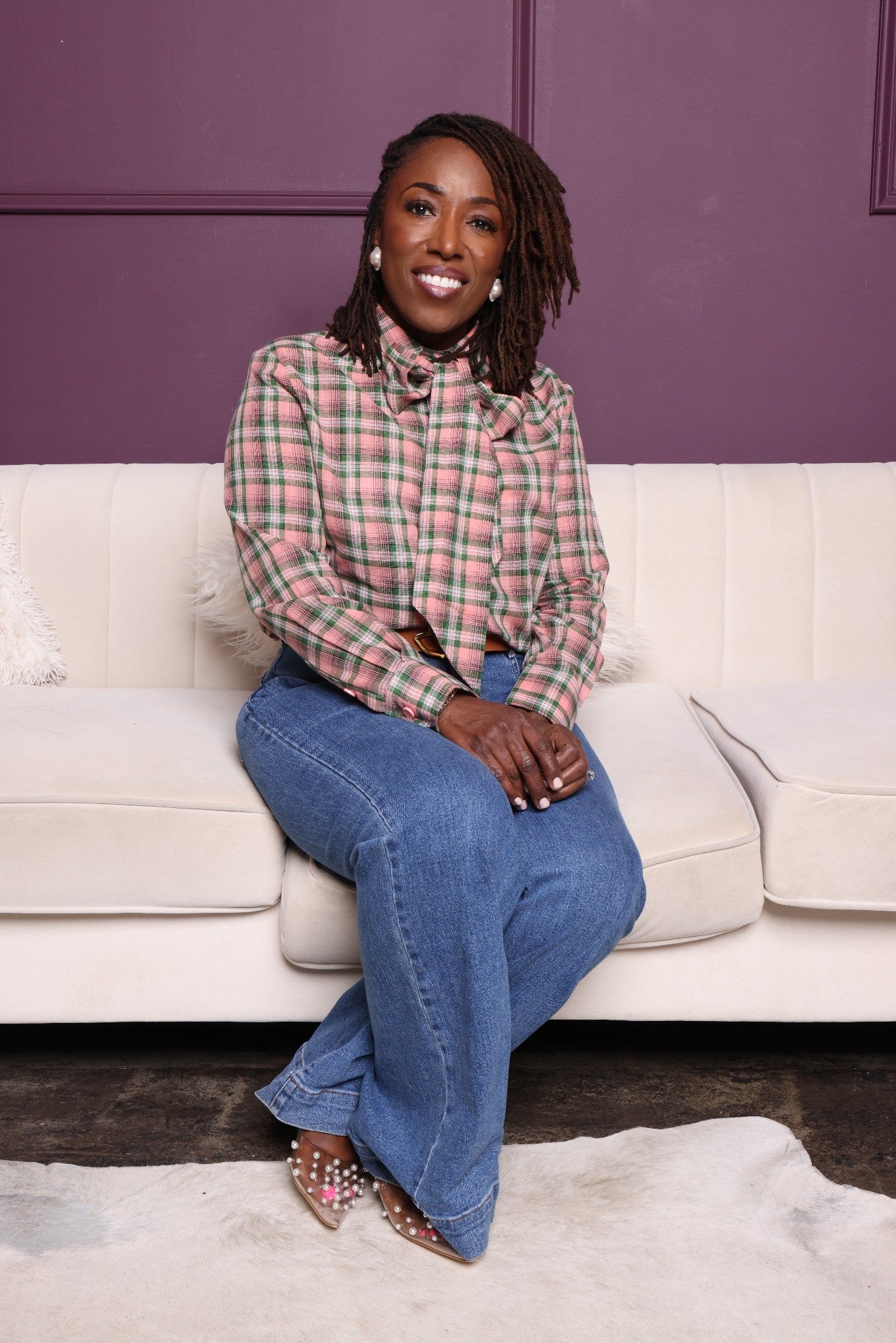 Salmon Pink & Green Plaid Bow Blouse