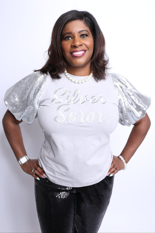 Silver Soror Sequin Puff Sleeve Blouse