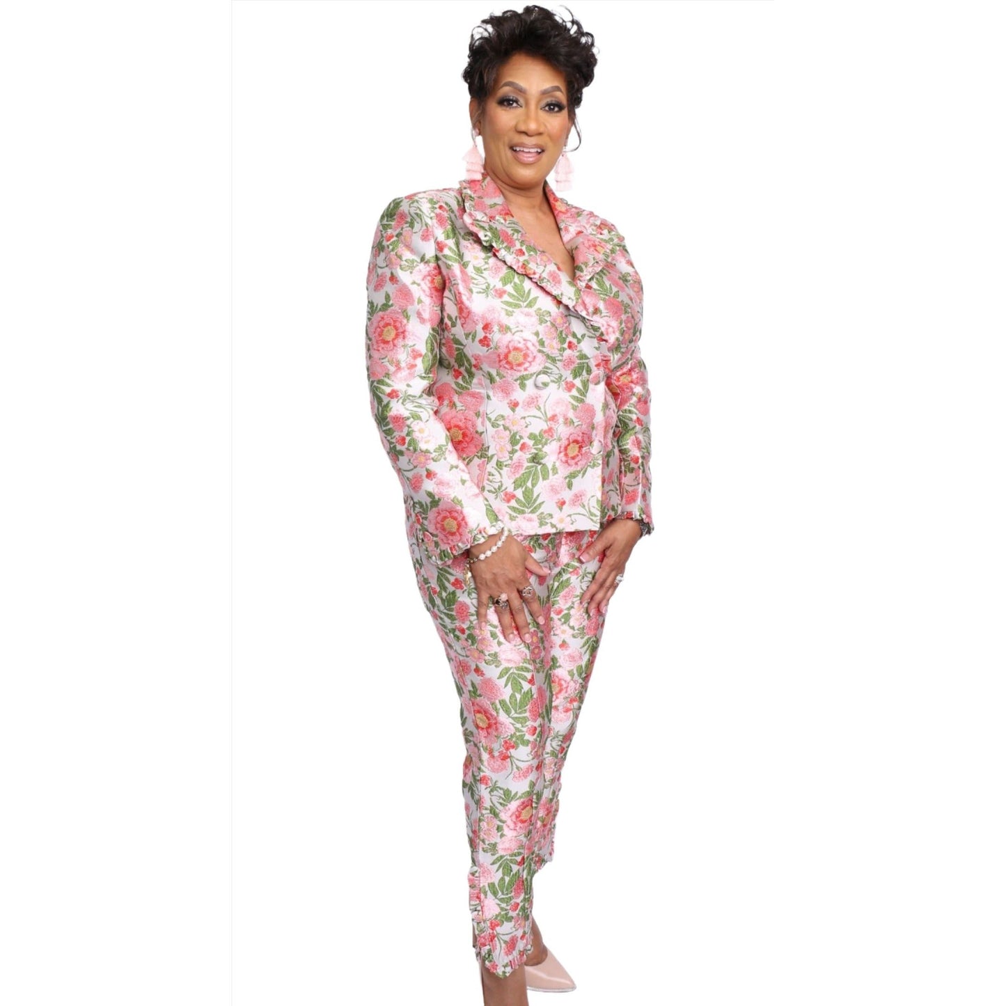 Ruffle Floral Jacquard Pant Suit