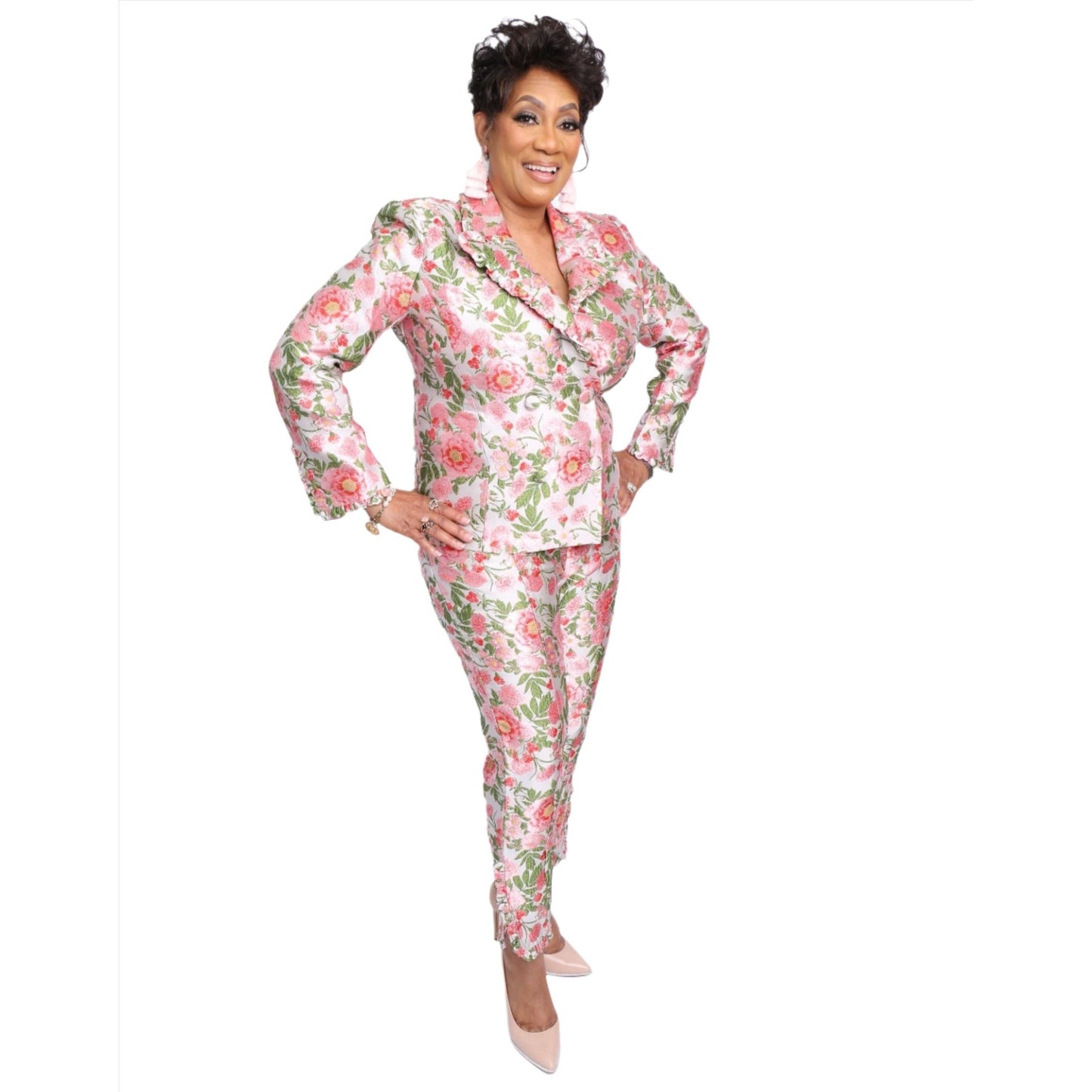 Ruffle Floral Jacquard Pant Suit