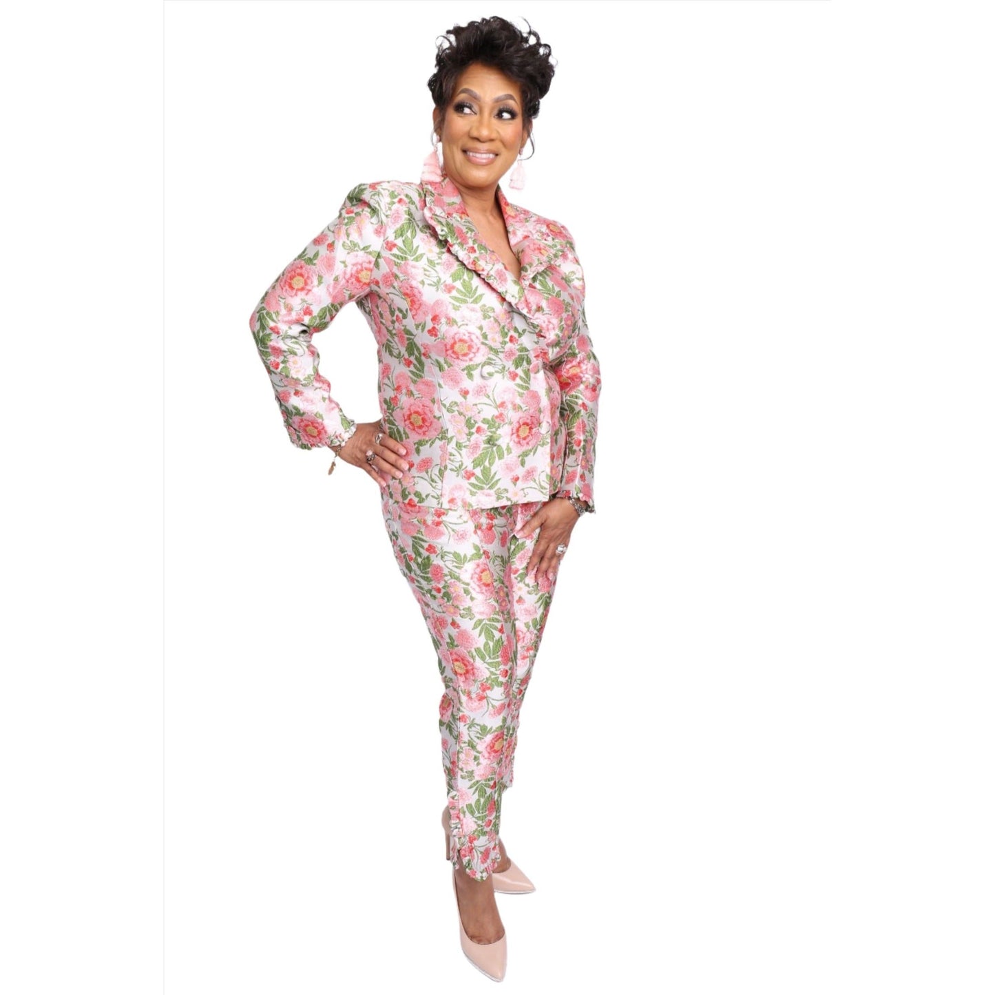 Ruffle Floral Jacquard Pant Suit