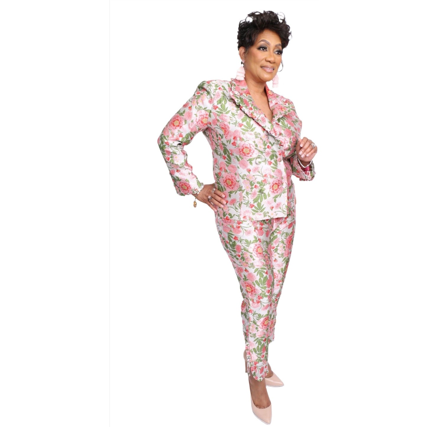 Ruffle Floral Jacquard Pant Suit