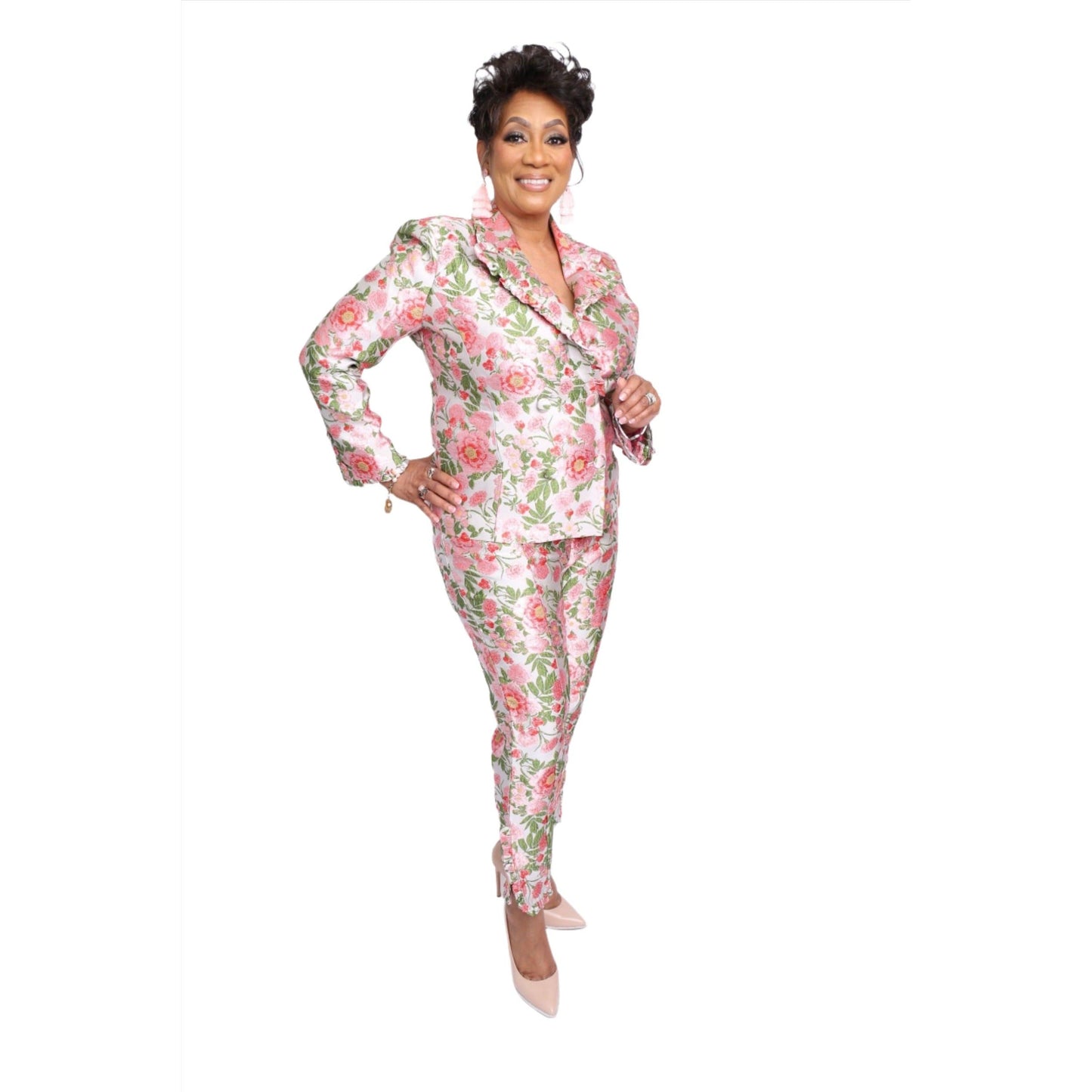 Ruffle Floral Jacquard Pant Suit