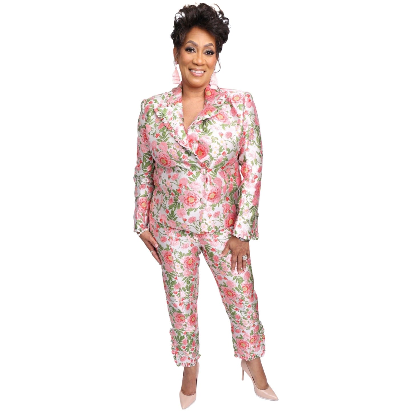 Ruffle Floral Jacquard Pant Suit