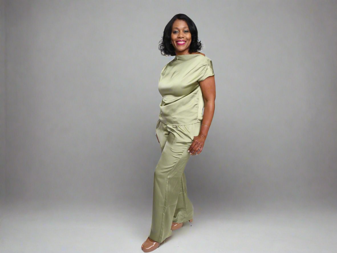 Asymmetrical 2 pc Satin Pant set