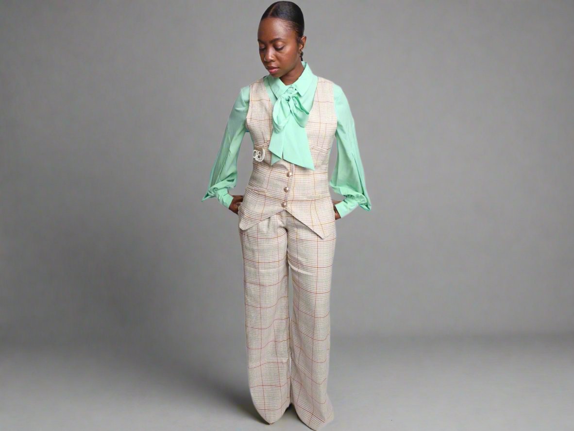 Plaid Taupe and Apple Green Stripe Pants and Vest