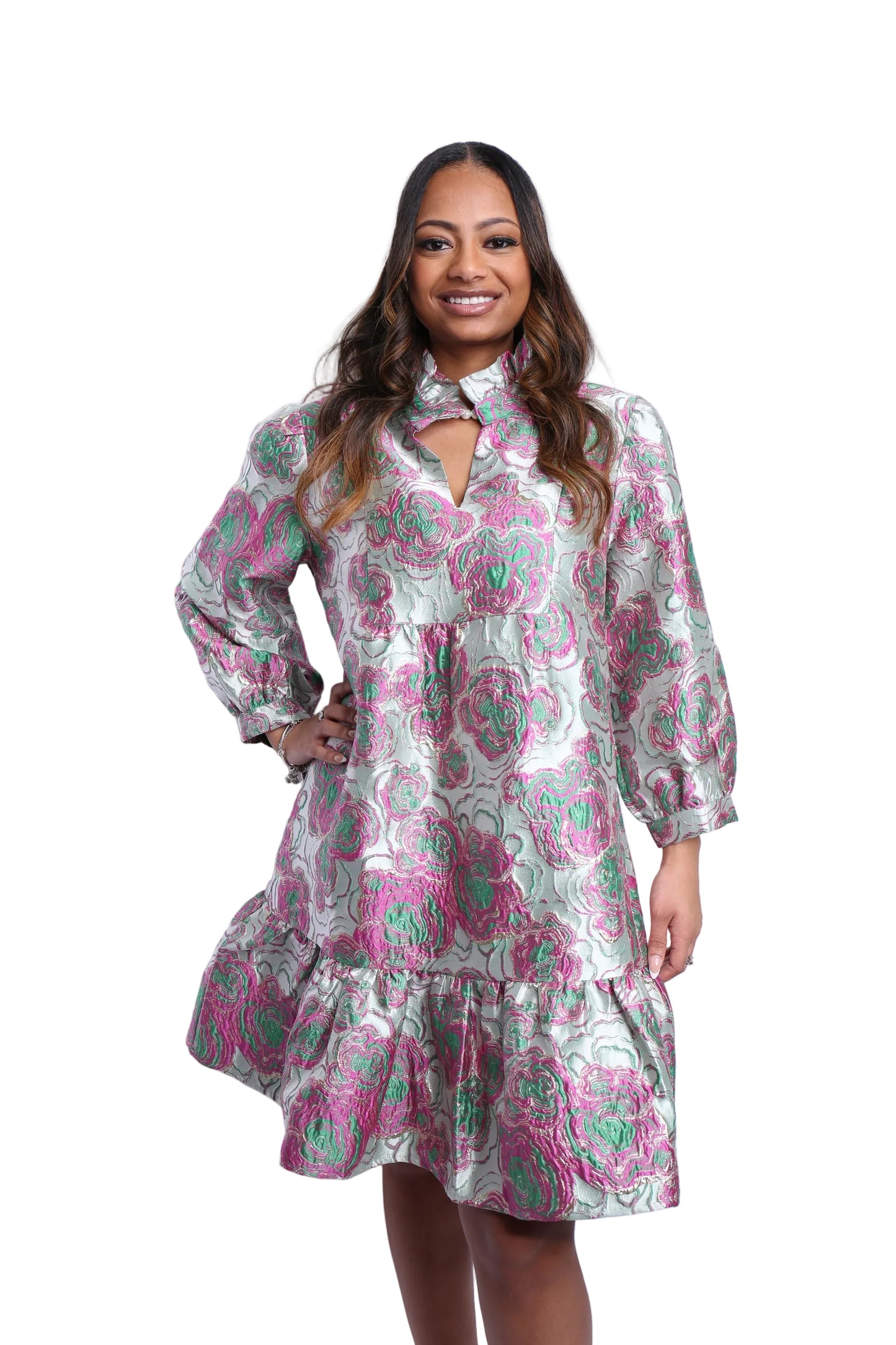 Pink &amp; Green Floral Jacquard Dress