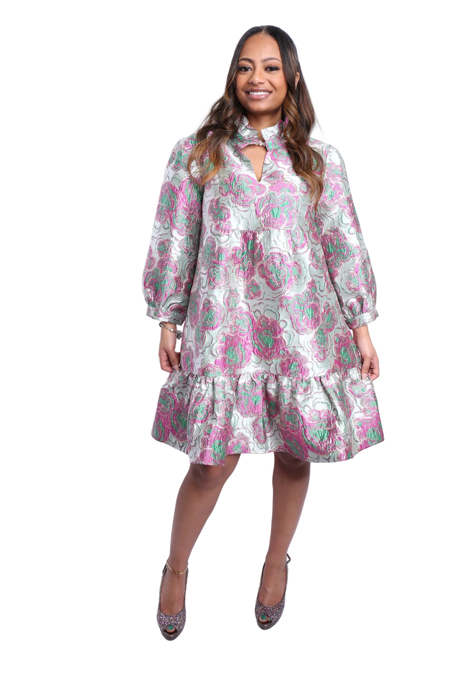 Pink &amp; Green Floral Jacquard Dress