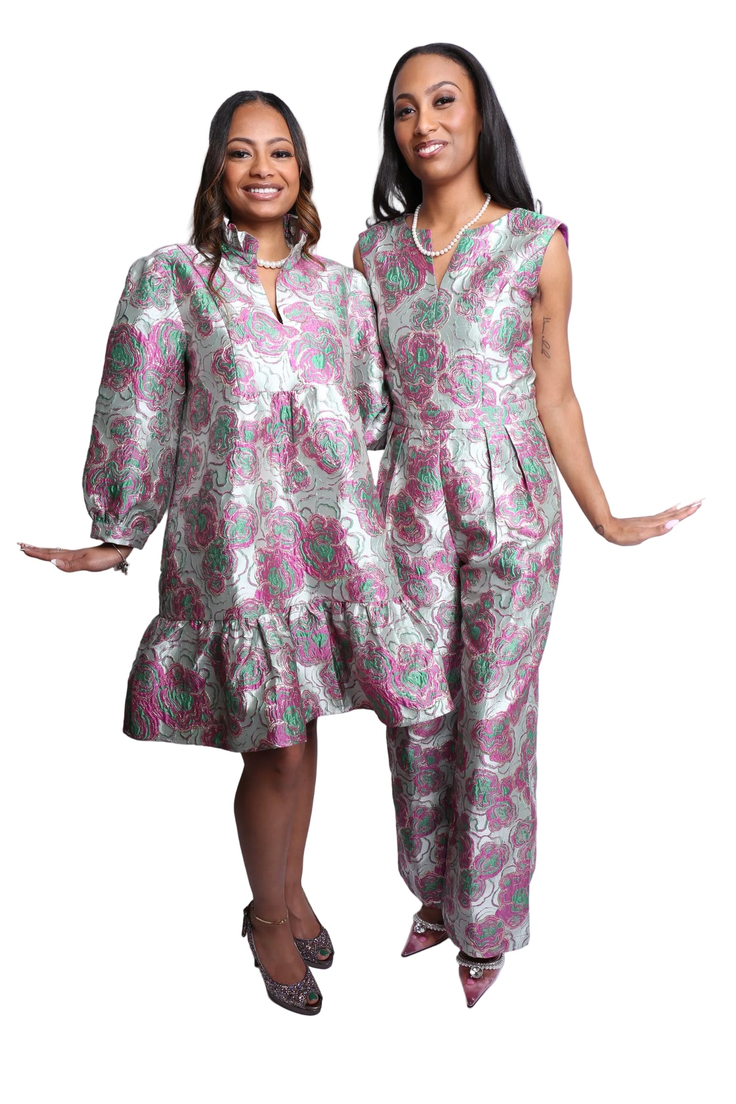 Pink &amp; Green Floral Jacquard Dress
