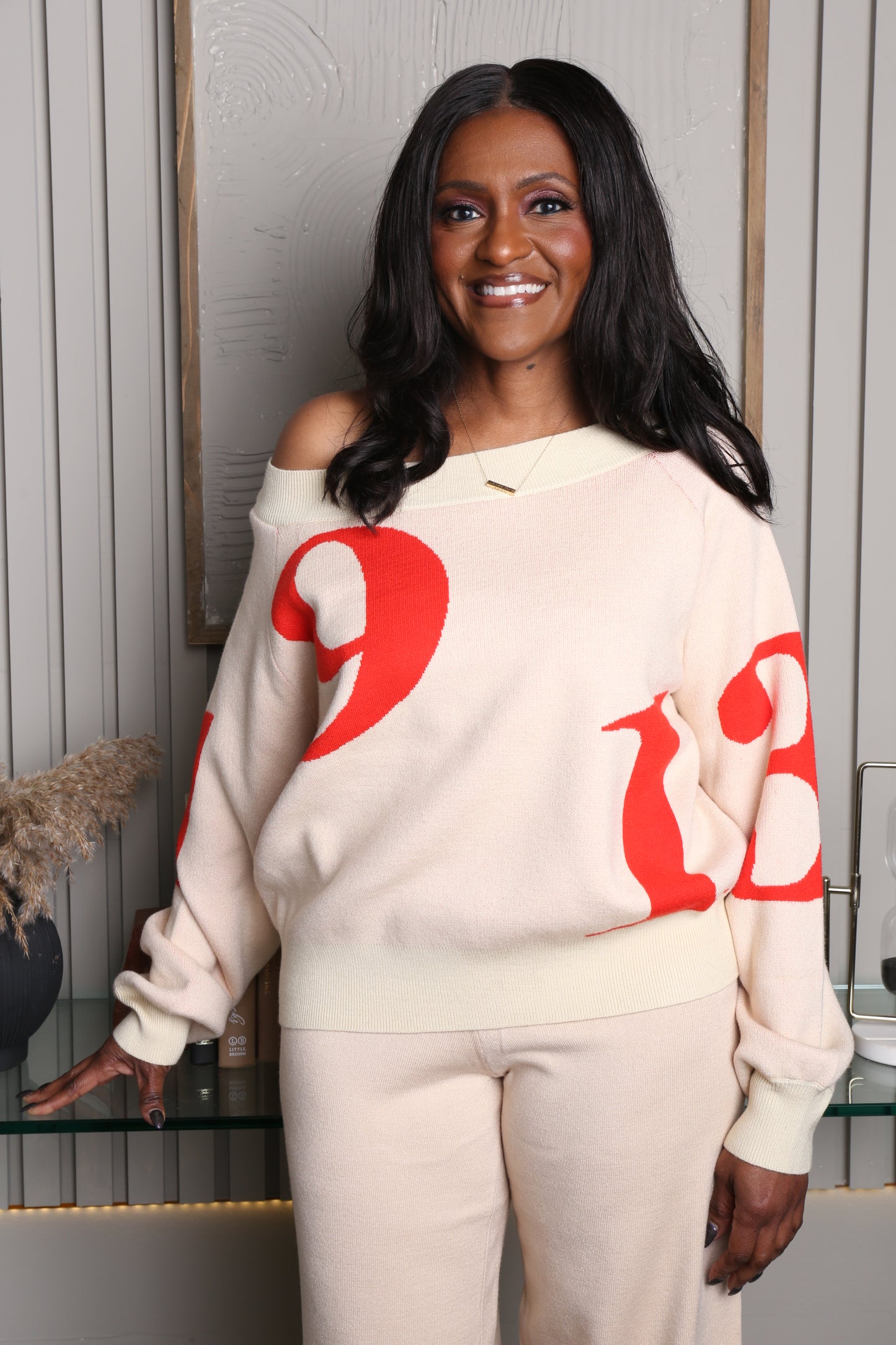 1913 Cream & Crimson Off Shoulder Sweater