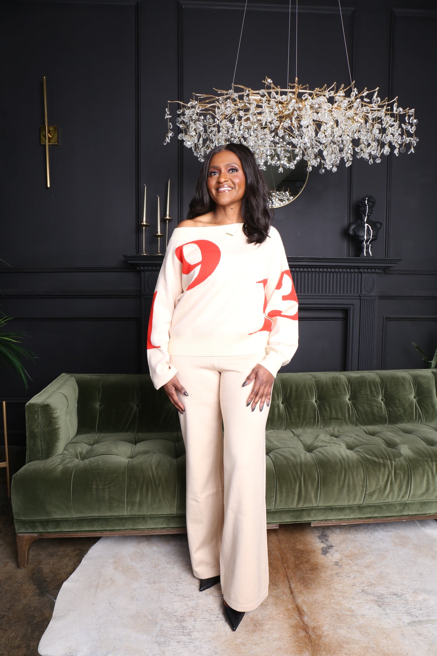 1913 Cream & Crimson Off Shoulder Sweater