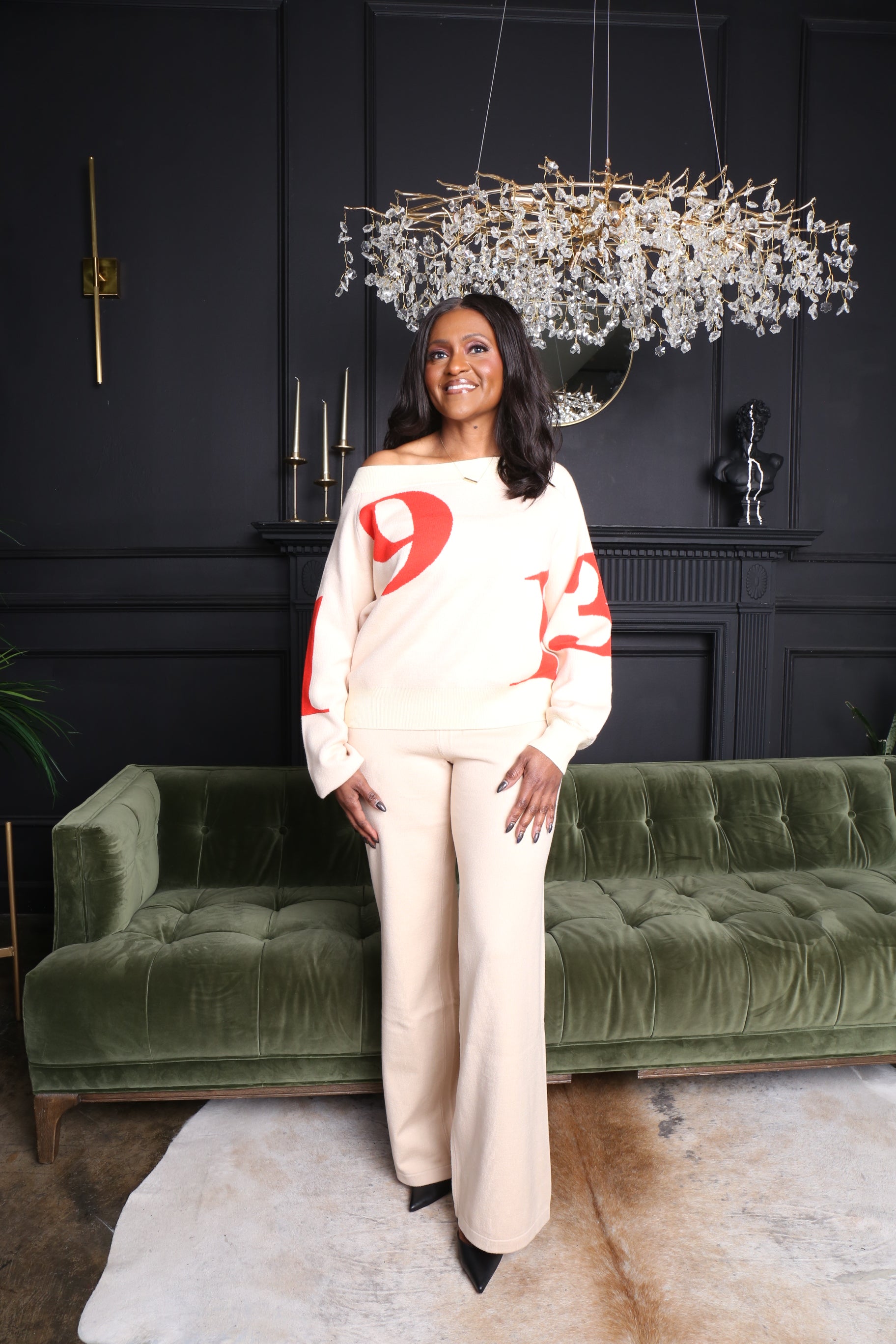 1913 Cream & Crimson Off Shoulder Sweater